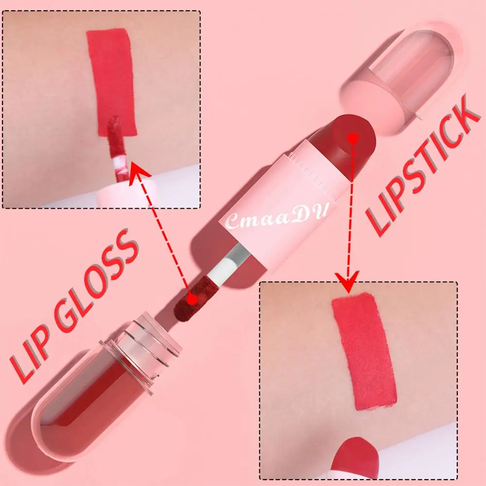 2 In 1 Matte Lippenstift Vloeibare Paarse Lip Glazuur Dubbele Kop Lip Make-Up Blijvende Waterdichte Fluwelen Sexy Donkerrode Lipsticks 12 Kleuren