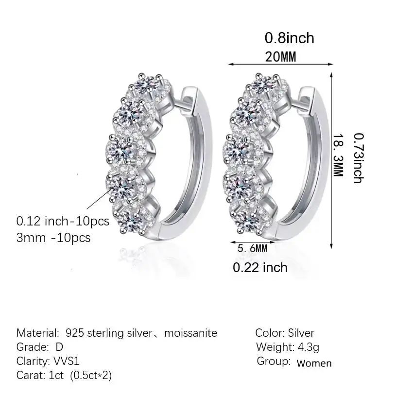 Fine Jewelry Iced Out Grade D Moissanite Earrings 925 Sterling Silver 1ct Moissanite GRA Certified Shiny Hoop Earrings Women
