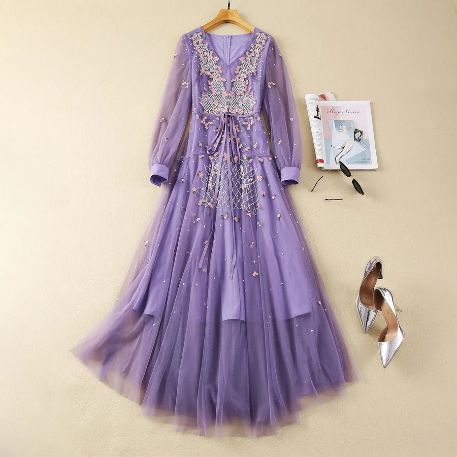 

European and American women's clothes 2024 spring new V-neck gauze long sleeve Purple flower embroidery fashion Pleated dress