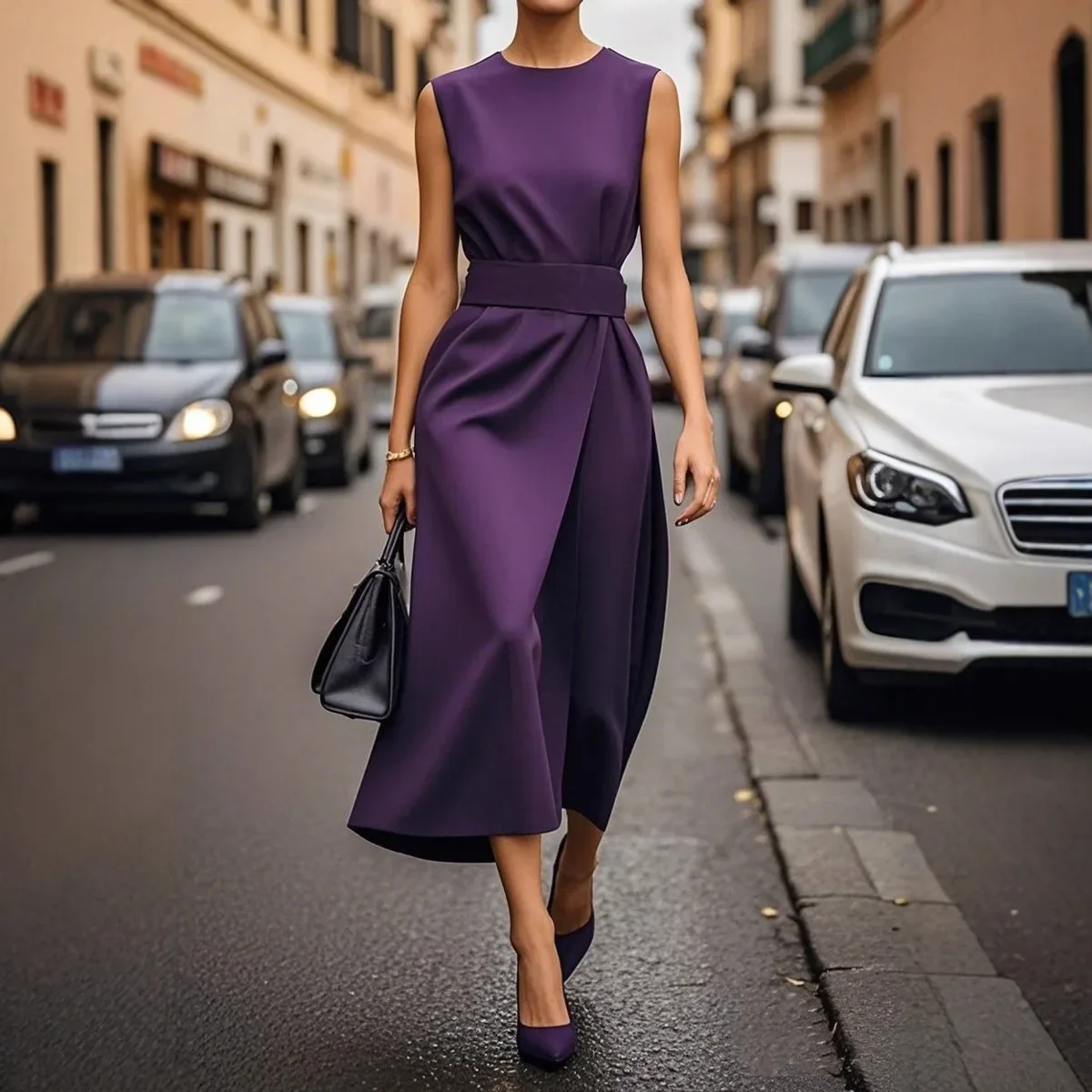 Moda damska plus size Bez rękawów Okrągły dekolt Sukienka w jednolitym kolorze Biurowe damskie Slim Fit O-neck Casualowa długa sukienka dla kobiet