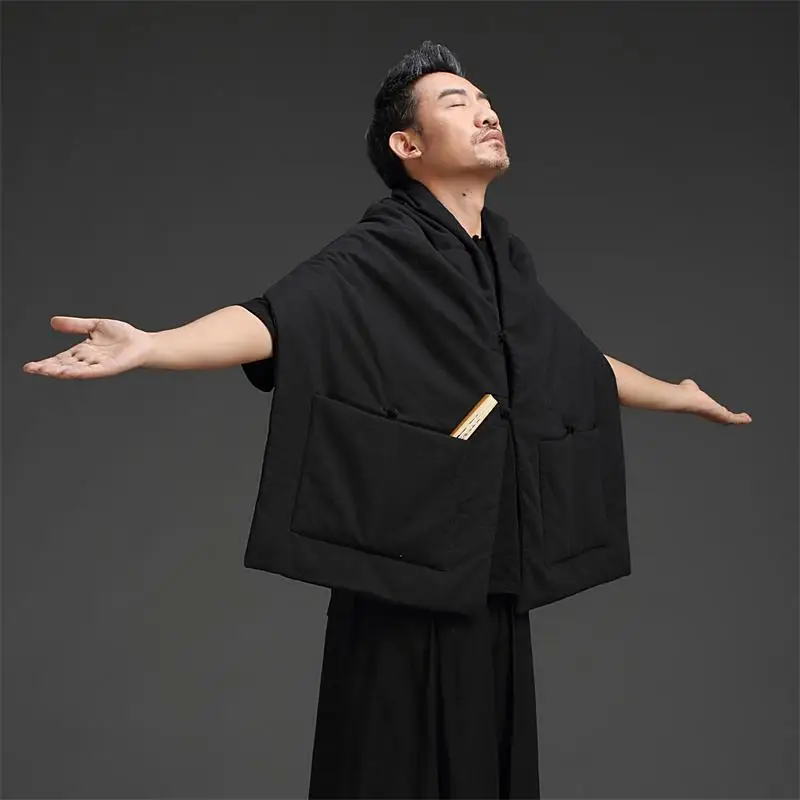 

Autumn Winter Men's Casual Cotton oulder Pads Chinese Sle Vintage Hanfu Meditation Long Coat Thiened Stand Fit Youth...