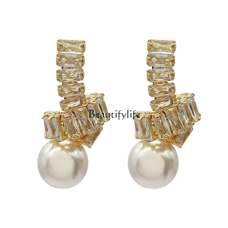 

Niche design sense rope knot pearl stud earrings temperament elegant diamond earrings simple fashion versatile