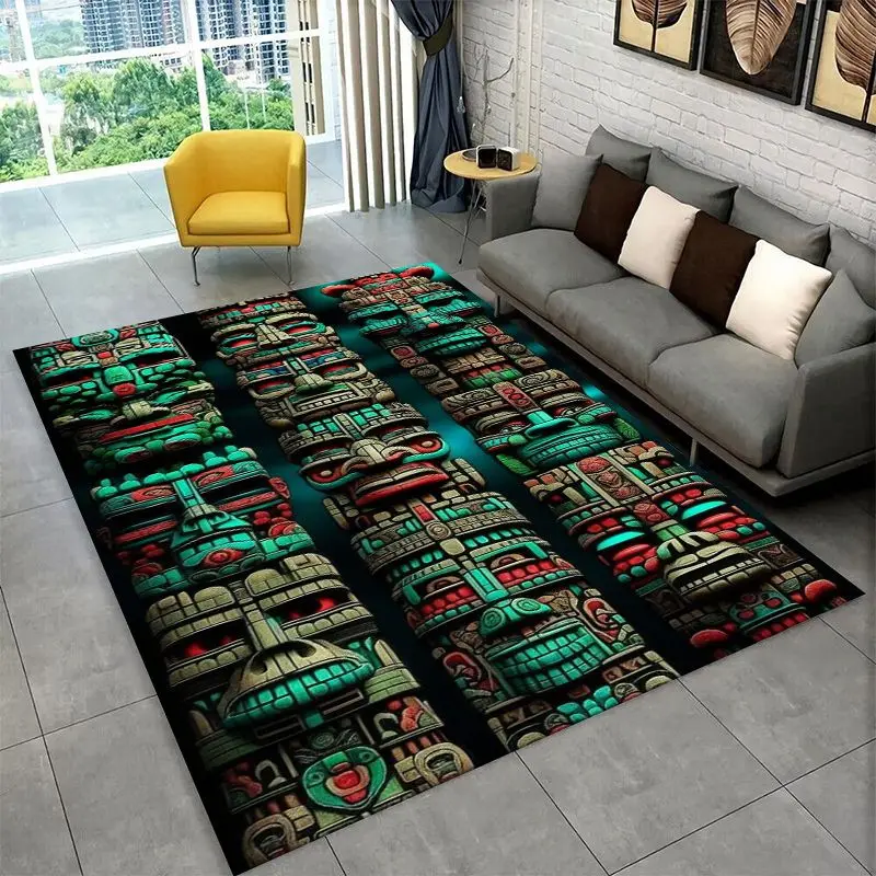 Mayan Mask Aztec Totem Large Area Rug Non-slip Durable Carpet for Bedroom Living Room Sofa Doormat Home Decor Floor Mat Gift