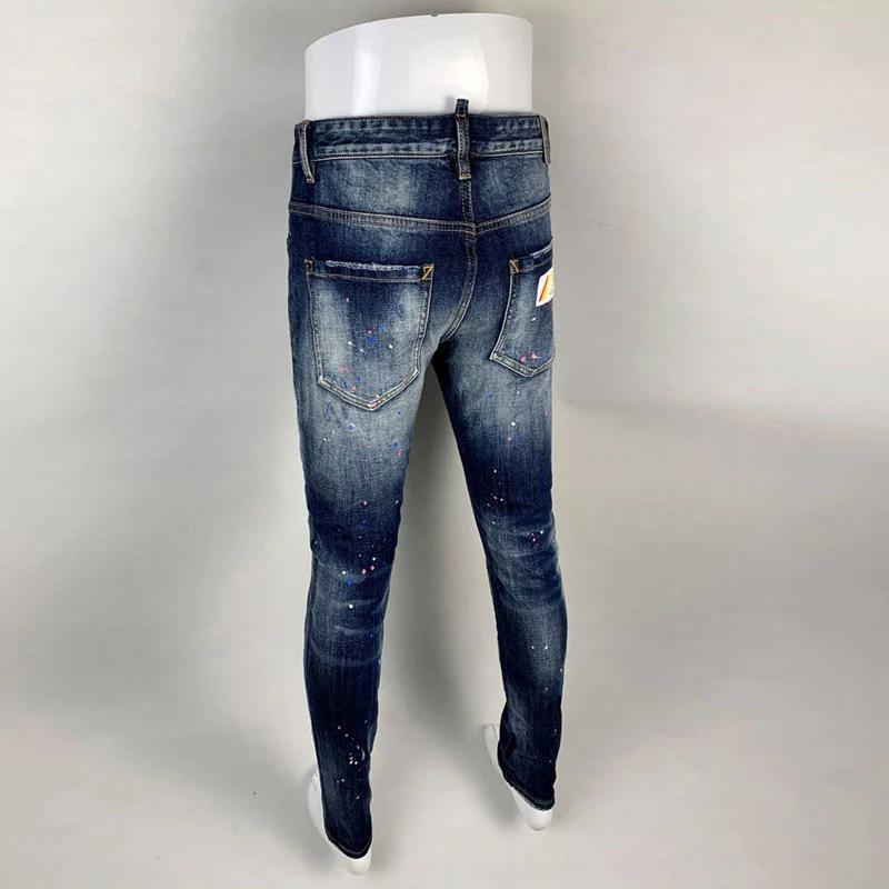 High Street Fashion Men Jeans Retro Blue Stretch Skinny Fit Painted Ripped Jeans Men Patched Designer Hip Hop Brand Pants Hombre
