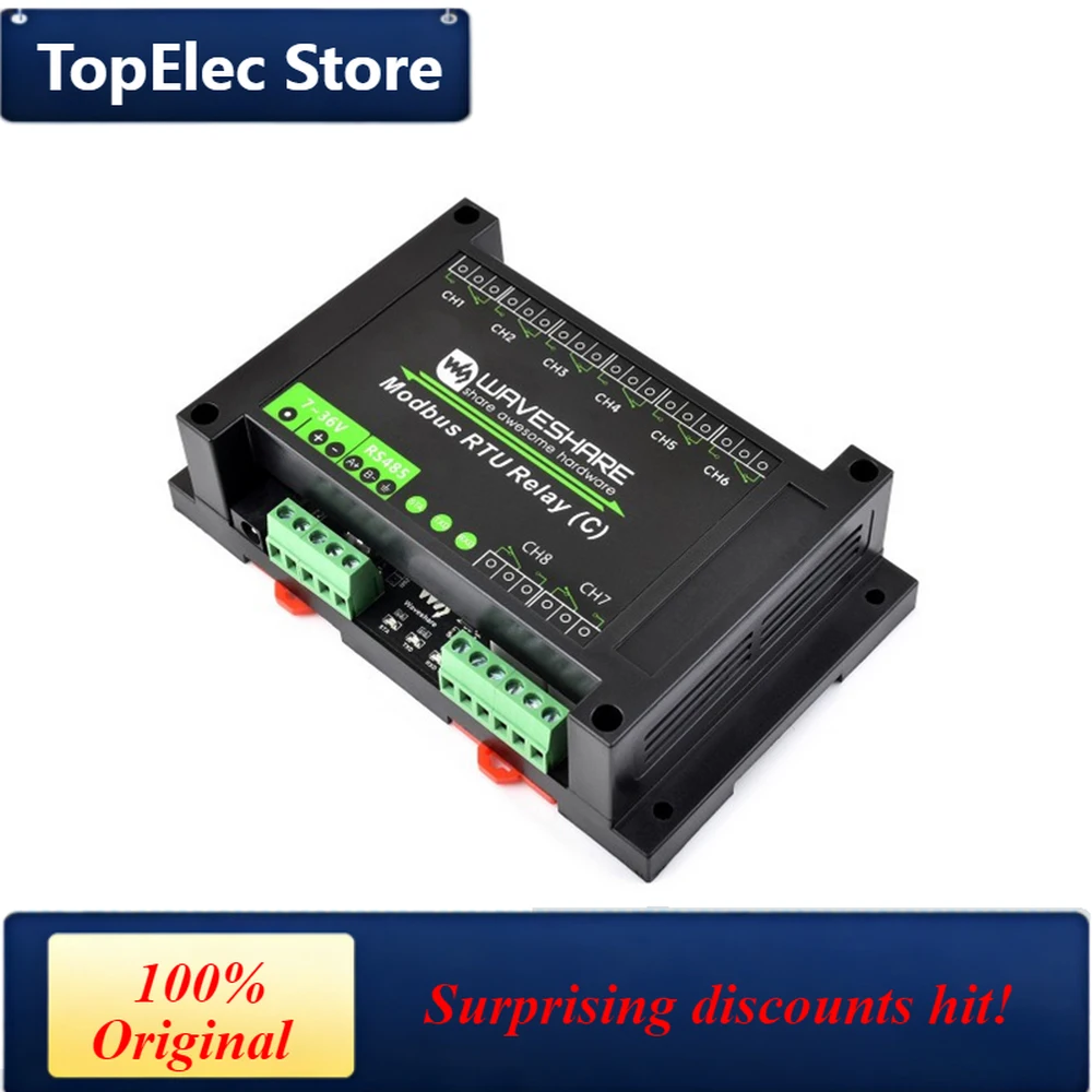 TopElec Modbus RTU 8-ch Latching Relay Module (C) with RS485 Interface Multi Isolation Protection Circuits Rail-mounted Case
