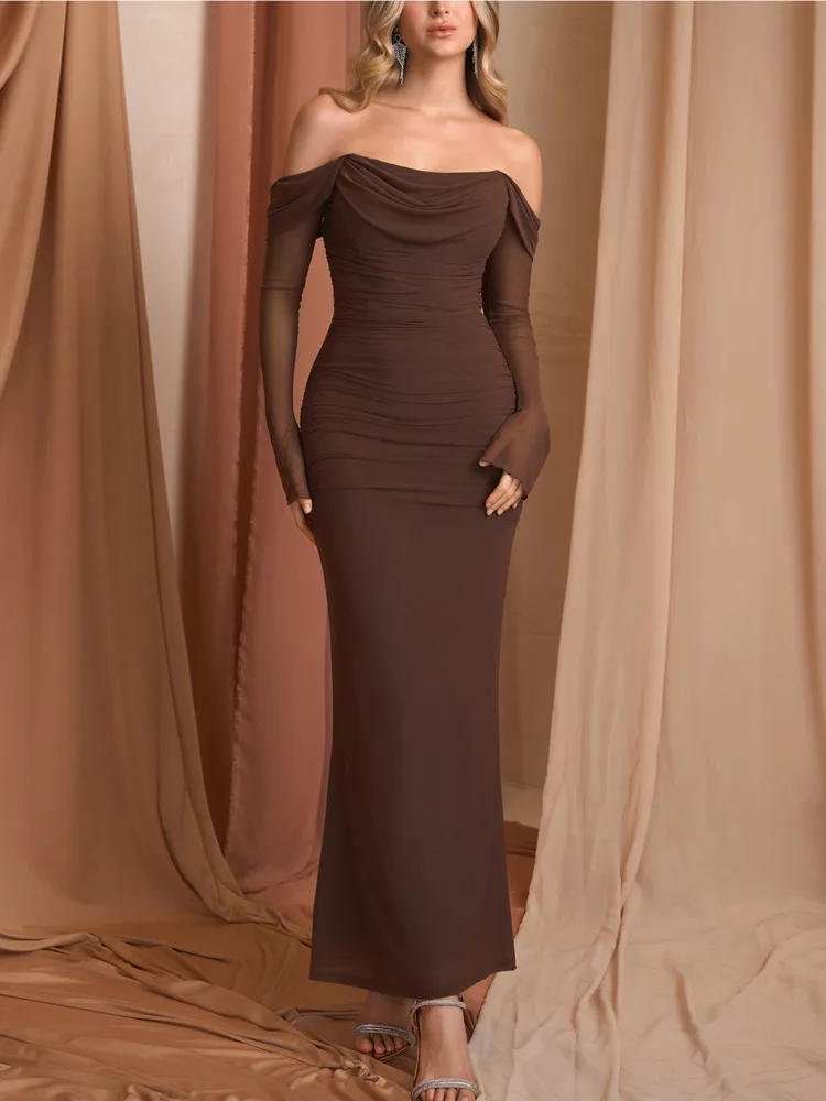 Articat Elegant Mesh Sheer Long Sleeve Dress Women Sexy Backless Slim Fit Ruched Bodycon Long Dress Party Club Evening Gown