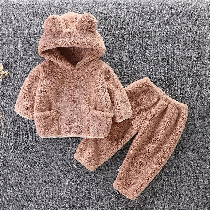 New Cute Baby Boys Girls Coral Velvet Warm Spring Autumn Winter Hoodied Clothes Sets Children Kids Thick Woolen Bear Hoody Suits