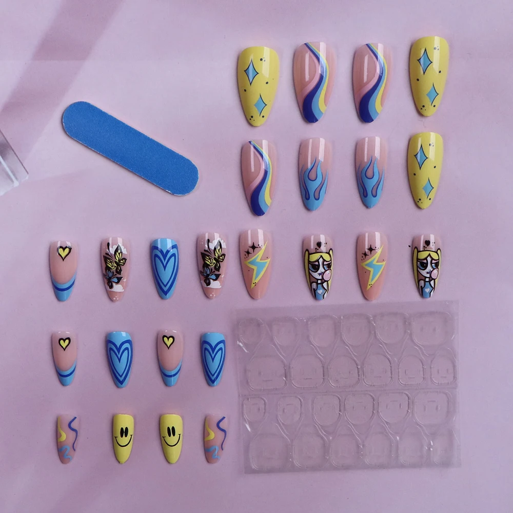 Press on nail 24pcs Blue Glitter French Tip Heart Press on Nails Medium Square Fake Nails Glossy Gradient False Nails with Rhine