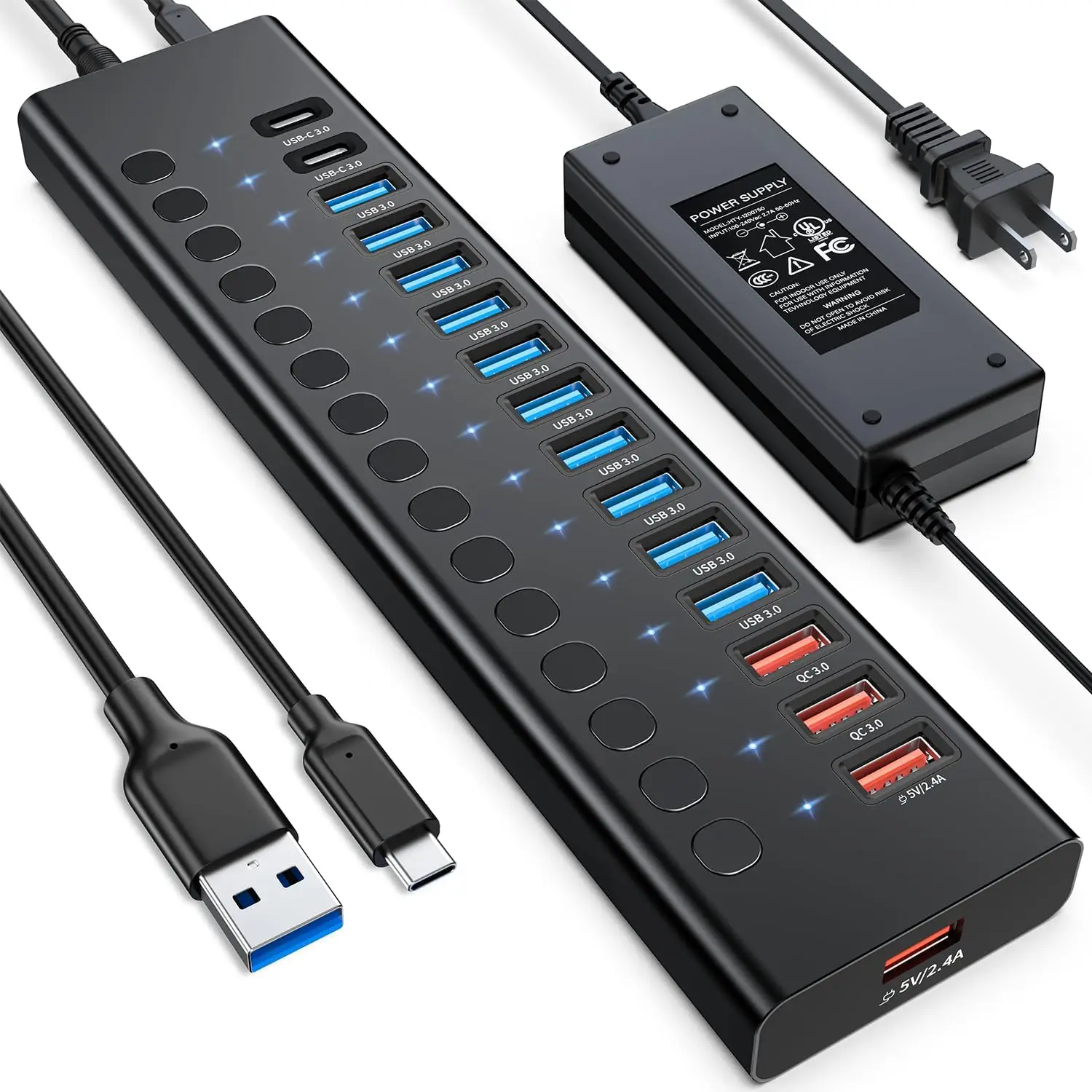 16-Port USB 3.0 Hub with Fast Charging, 96W Power Adapter for PC Laptop HDD Flash Drive