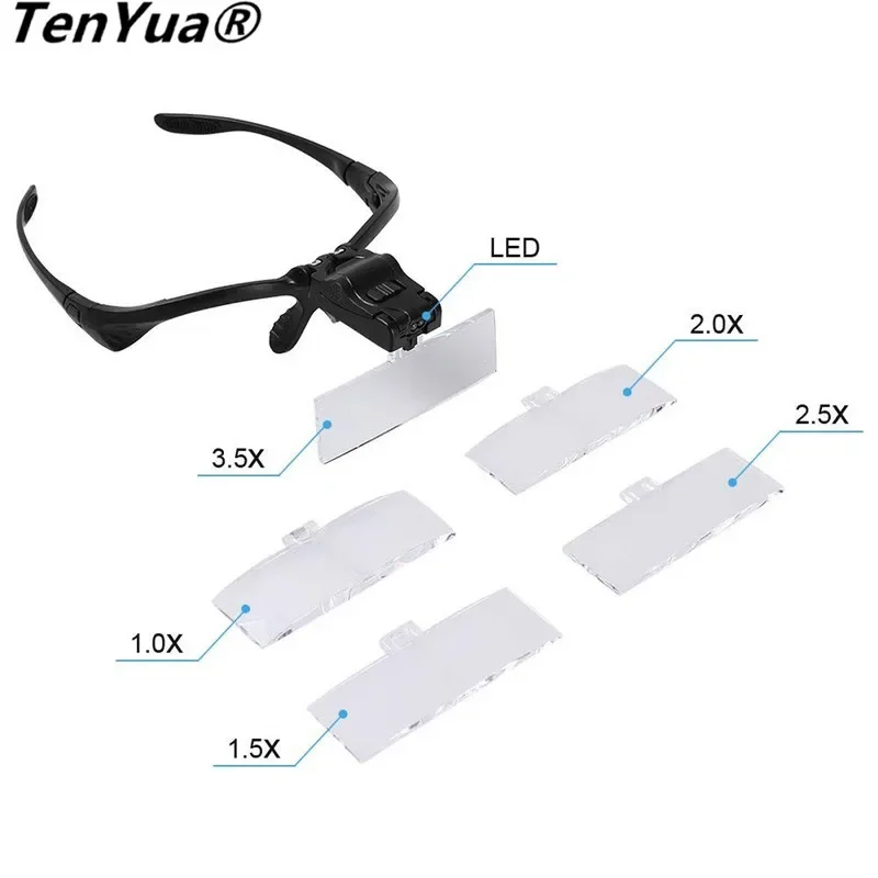 5 Lens 1.0X-3.5X Bracket Headband Magnifier Loupe Glasses with 2 LED Lights Eye Magnification Goggles Optical Lens