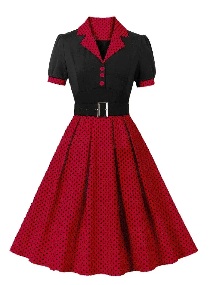 Robe plissée Vintage à pois, nouvelle mode, rétro, col cranté, élégante, manches courtes, ceinturée, années 1950 et 60, été, 202