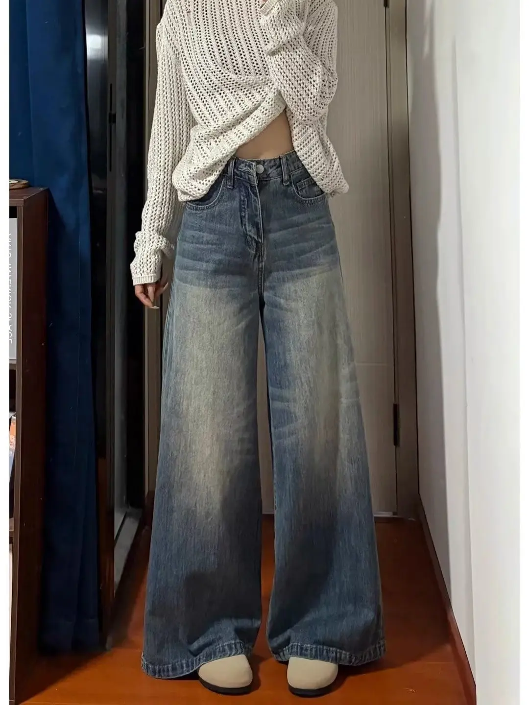 

American Wash High Waist Wide Leg Jeans Women's Loose Straight Casual Denim Pants Autumn Large Size Slimming Draping Floor-Le...