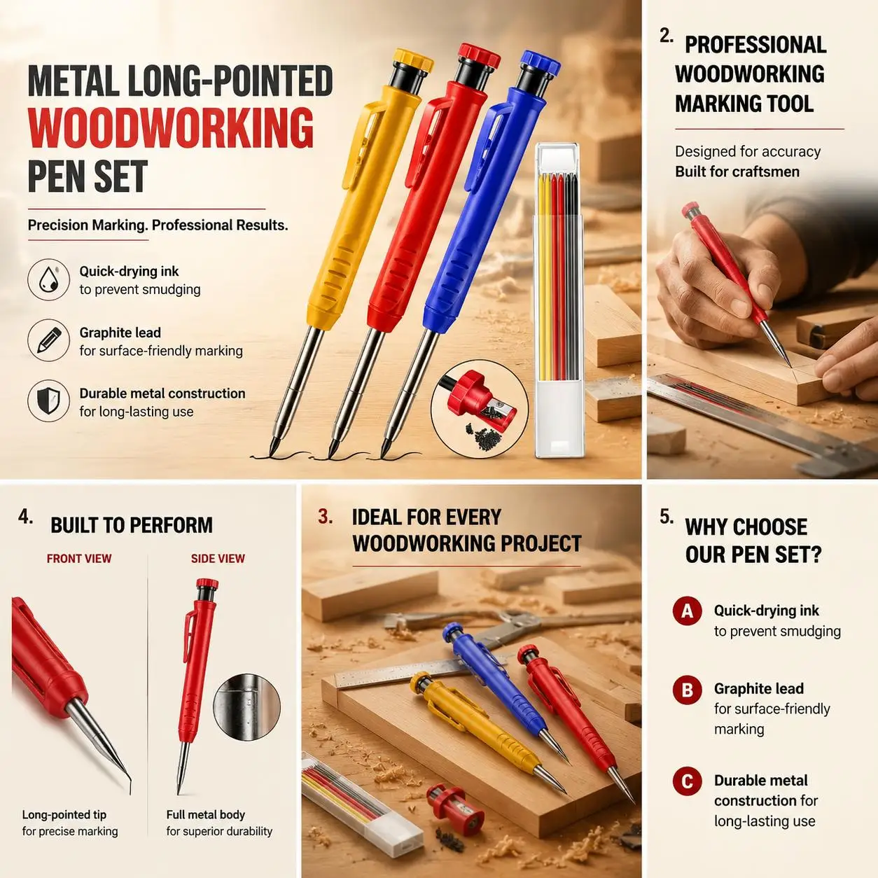 Professional Metal Long Tip Woodworking Pencil for Deep Hole Marking Graphite Lead Quick Dry Mechanical Pencil Kit Scriber Marker Tool for Construction Carpenters Workshop Engineering Drafting Precision Measuring Tools