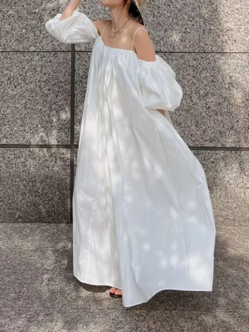 Feminino Slash Neck Off Shulder Dress Puff Sleeve Vestidos Mujer Summer Thin Straps Dresses Women Summer 2024 New Robe Femme