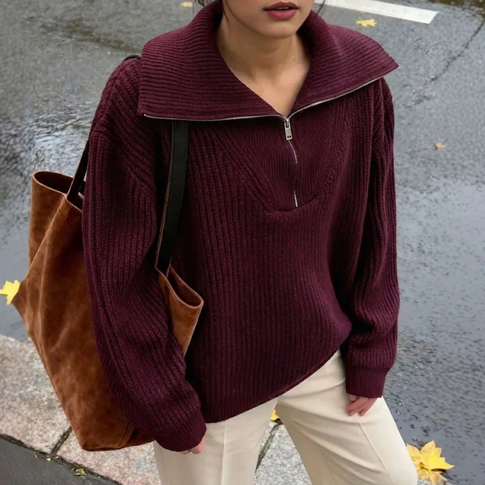 Korean Style Women Half Zip Knit Pullover Lapel Collar Long Sleeve Pullover Loose Fit Soft Sweater For Autumn Winter Daily Wear