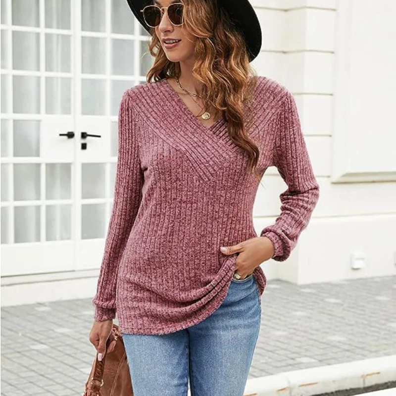 Women Autumn and Winter New Trendy V-Neck Solid Knitted Loose Look Thinner Casual Plus Size Sweater Versatile Long-sleeved Tops