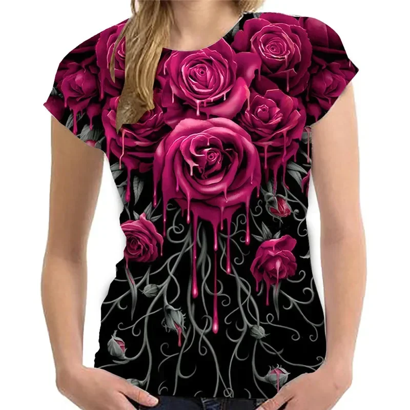 Fashion Women Clothing New Pink Gold Rose 3D Print T-shirt Personalized Casual Harajuku Street Unisex Oversized T Shirt Tops