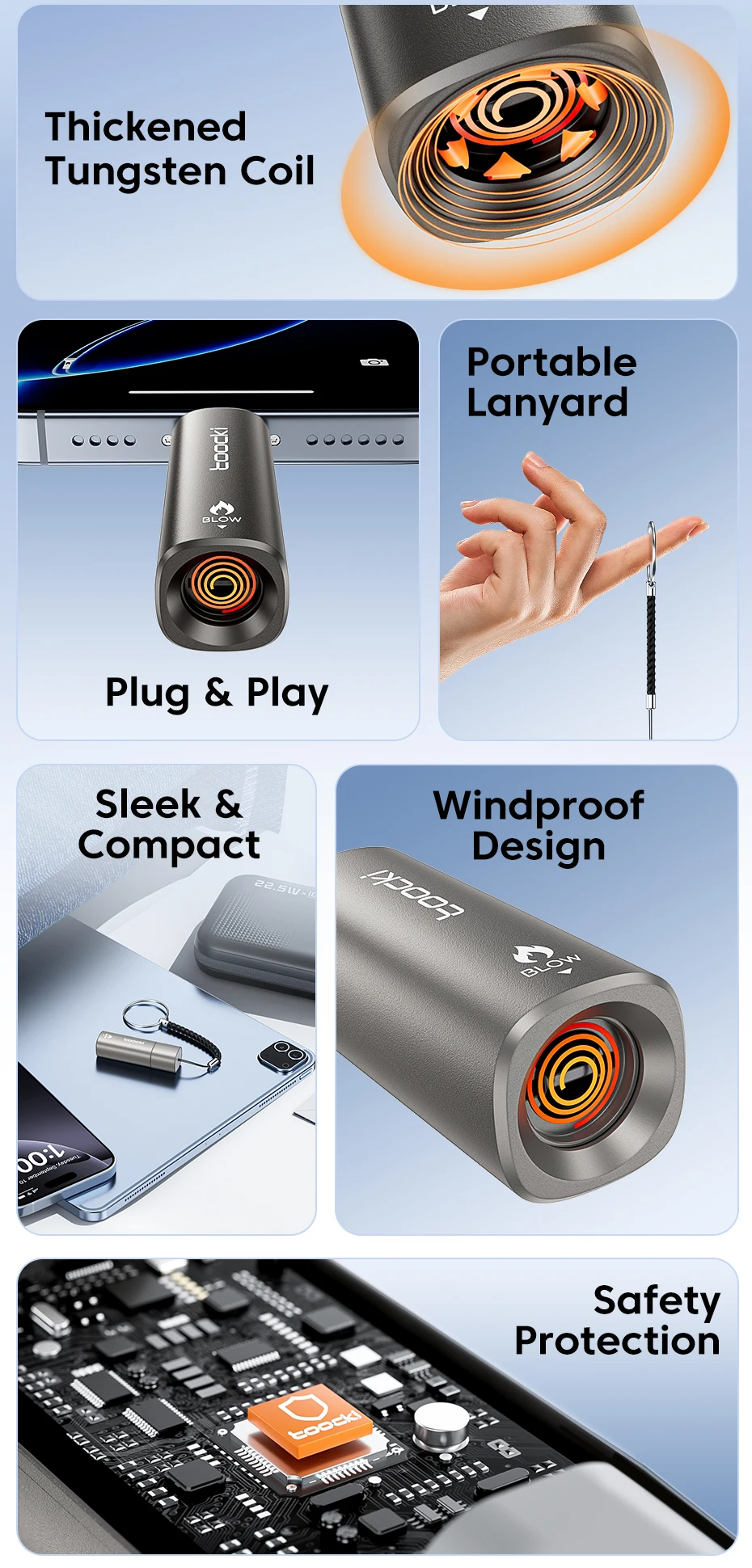 Toocki TG13/14 Typ-C Mini-Elektrofeuerzeug Plug&Play Blow to Light Mobiler Zigarettenanzünder Flammenlos Winddicht Schnelle Zündung – Detail 2