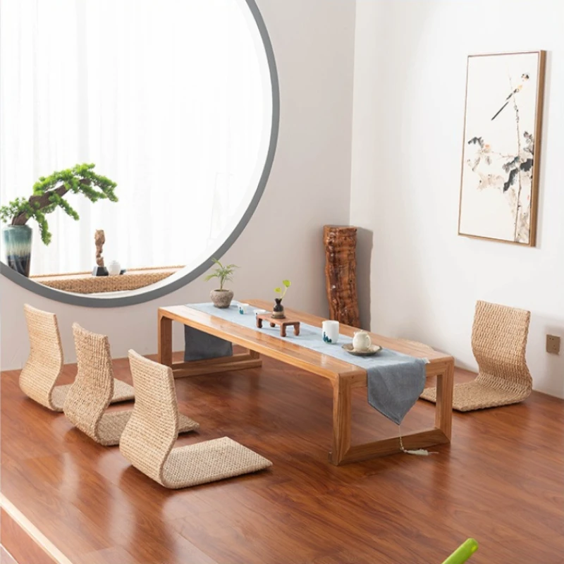 Japanese Tatami Chair Legless Rattan Seat Bedside Computer Chair Natural Grass Weaving Bay Window Single Sofa Room Furniture