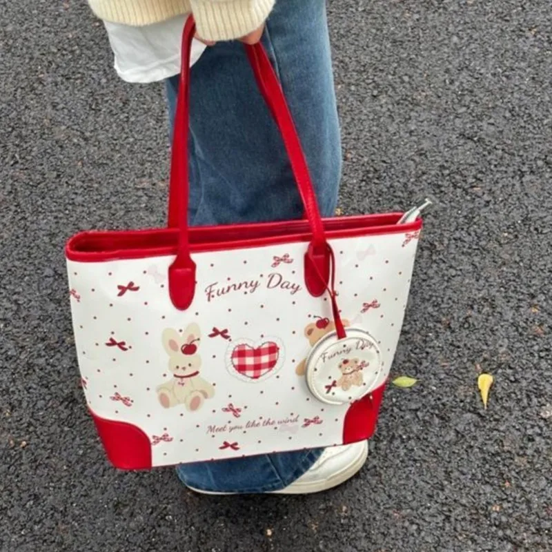 

Korean Cute Cartoon Print Tote Bag Women Color Block Large Capacity Shoulder Bag Ladies Sweet Bow Polka Dot Red Underarm Bag New