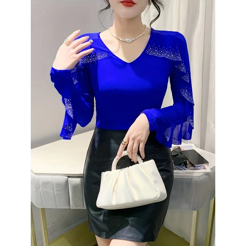 Autumn New Long Sleeve V-Neck Women'S Elegant Top With Stylish Ruffle Sleeves, Mesh, High Elasticity Waist-Shirt, U