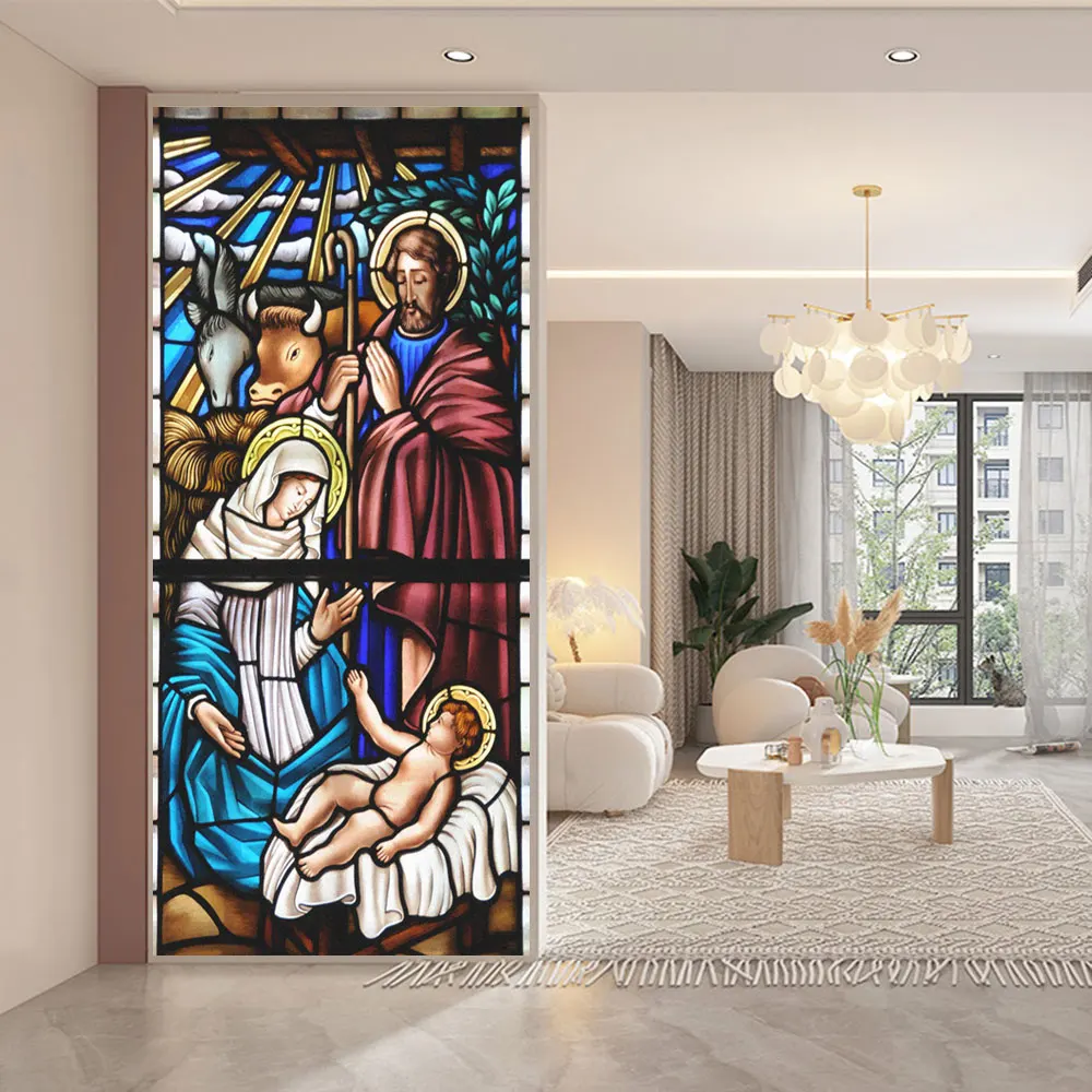 Static Electricity Frosted Privacy Window Film Anti UV Blocking Heat Control Cathedral Painting Glass Window Decoration