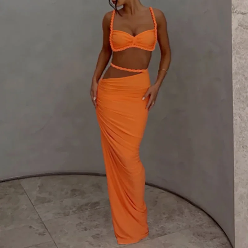 Chic New Sexy Bra Top and Long Skirt Beach Suit Simple Solid Color Exposed Navel Women's Set Summer Holiday Sleeveless Slim Outf