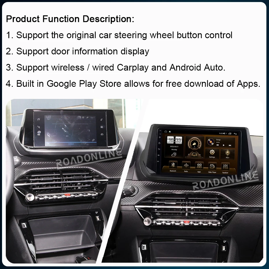 9 Inch Android12 For Peugeot 2008 e2008 II 2 2020 2021 2022 Car Multimedia Player GPS Stereo Radio Receiver 4G+WiFi CarPlay QLED