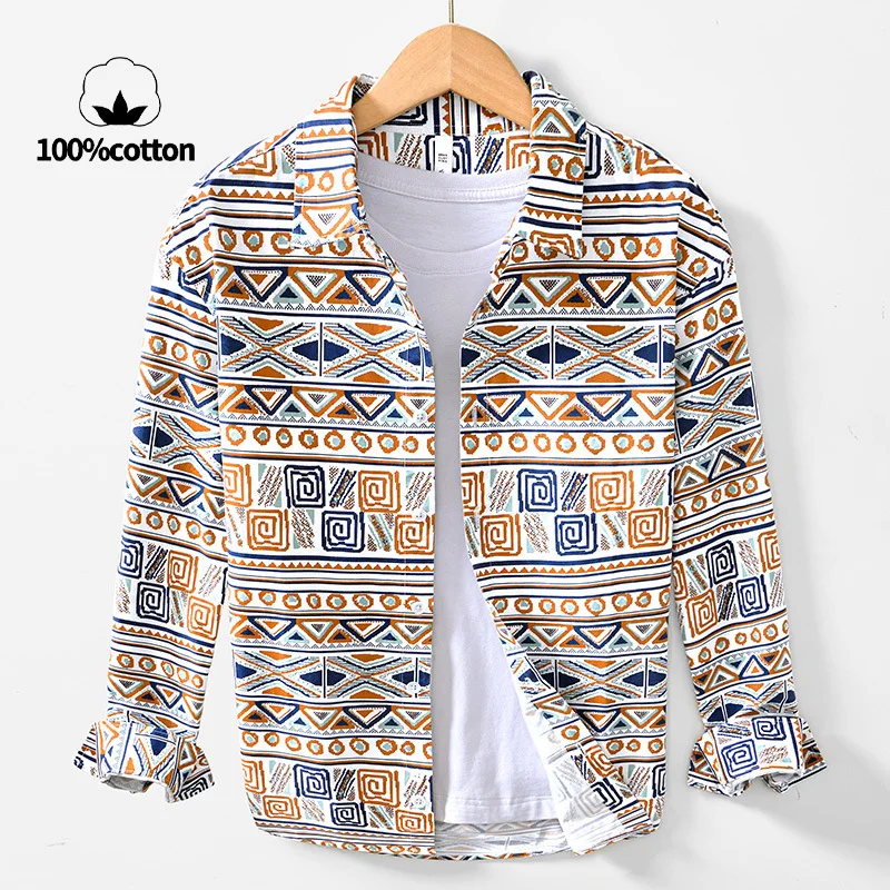 100% Cotton, New Printed Long-sleeve Shirt, Breathable, Moisture-wicking Seaside Vacation Jacket for Men.