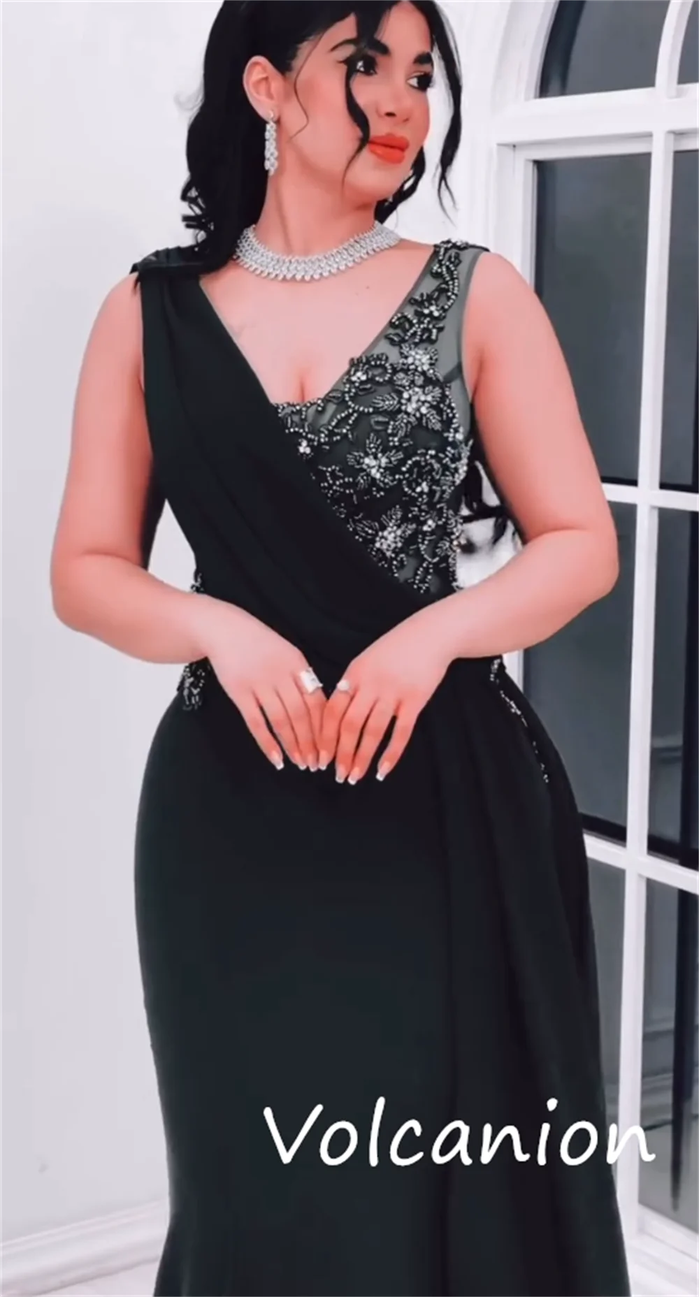 Customized Fashion Intricate Jersey Sequined Pleat Trumpet V-neck Long Dresses Bespoke Occasion High Quality