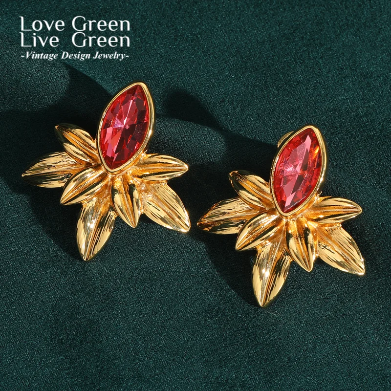 

Vintage Leaf Stud Earrings Red Crystal Gold Color Flower Woman Elegant Luxury Quality Jewelry Fashion Designer Gift Christmas