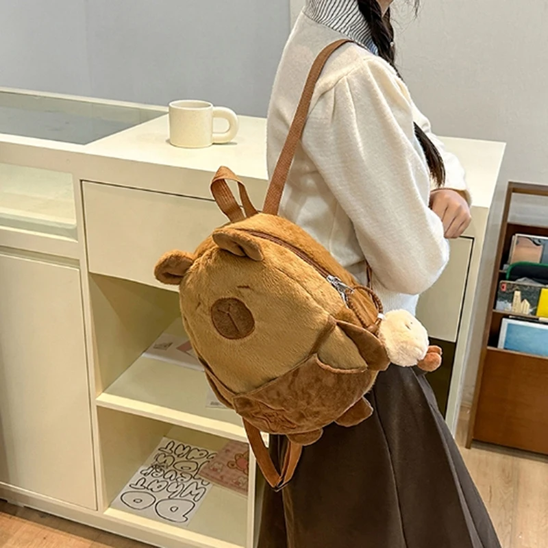 Piece Roomy Capibara Animal Cartoon Crossbody Bag, Plush Couple's Backpack, Fashionable Large Capacity Cotton Bag.