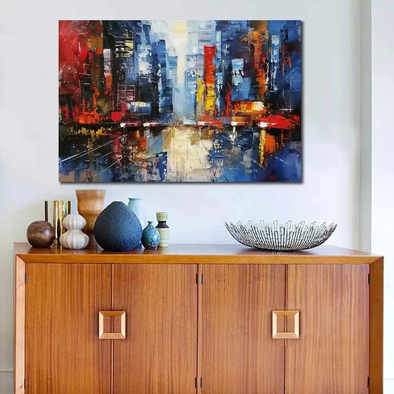 Modern Abstract Canvas Art Skyline Cityscape Textured Handmade Oil Painting Artwork Living Room Contemporary Wall Decor Large