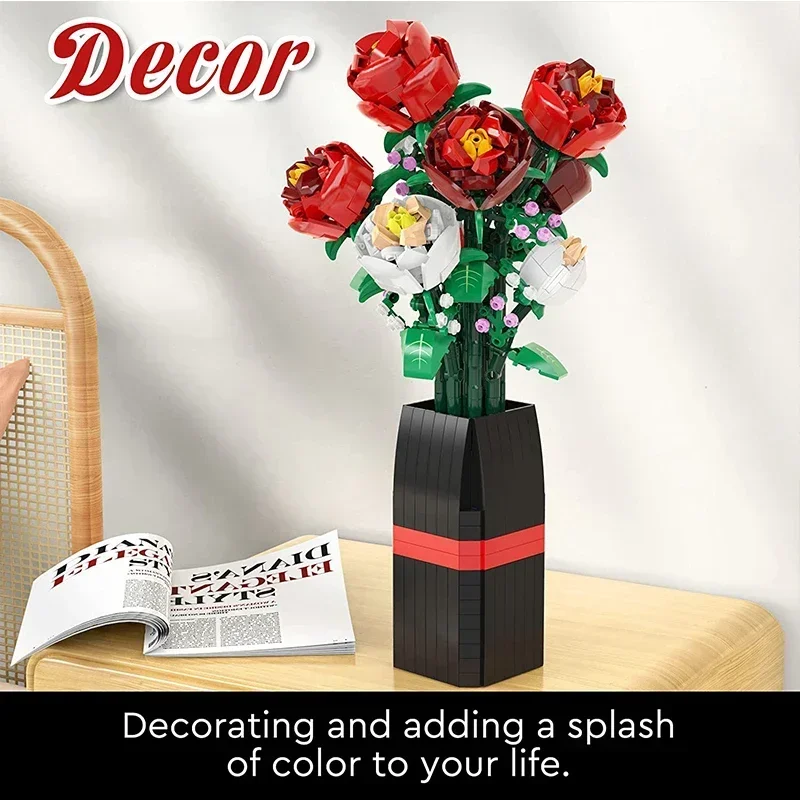 

818PCS Flower Bouquet Building Block Red Rose White Rose Vase Bricks Toy Set Valentine's Day Christmas Gifts Creative Decoration