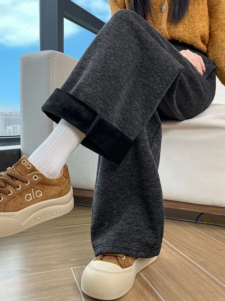 فضفاض الصوف السراويل المستقيمة شتاء دافئ مرونة عالية الخصر واسعة الساق Sweatpants الكورية موضة الصلبة المخملية اصطف بنطلونات جديد #6