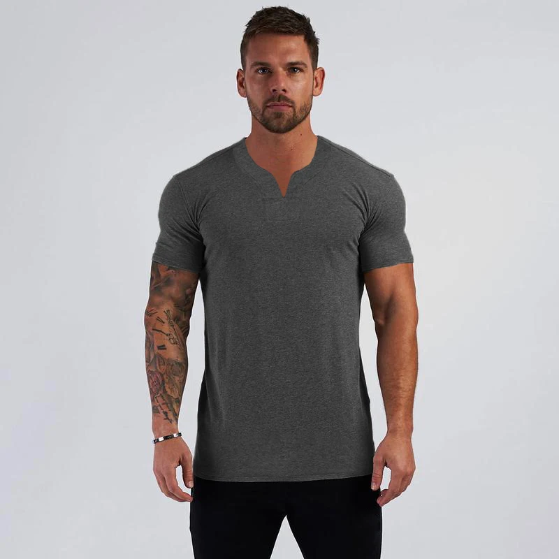 Summer New Arrivals Small V Neck Short Sleeve T Shirt Men Slim Fit Fashion T-shirt Sports Casual Gym Clothing Fitness Tshirt