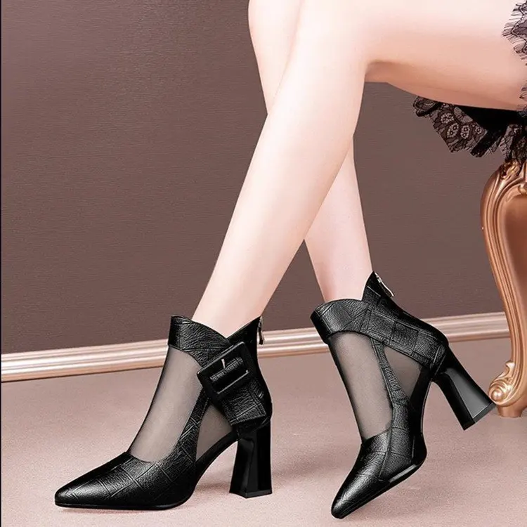Women Genuine Leather Chunky Heel Mesh Boots High Heel Hollow Out Sandals 2026 Summer Buckle Large Size