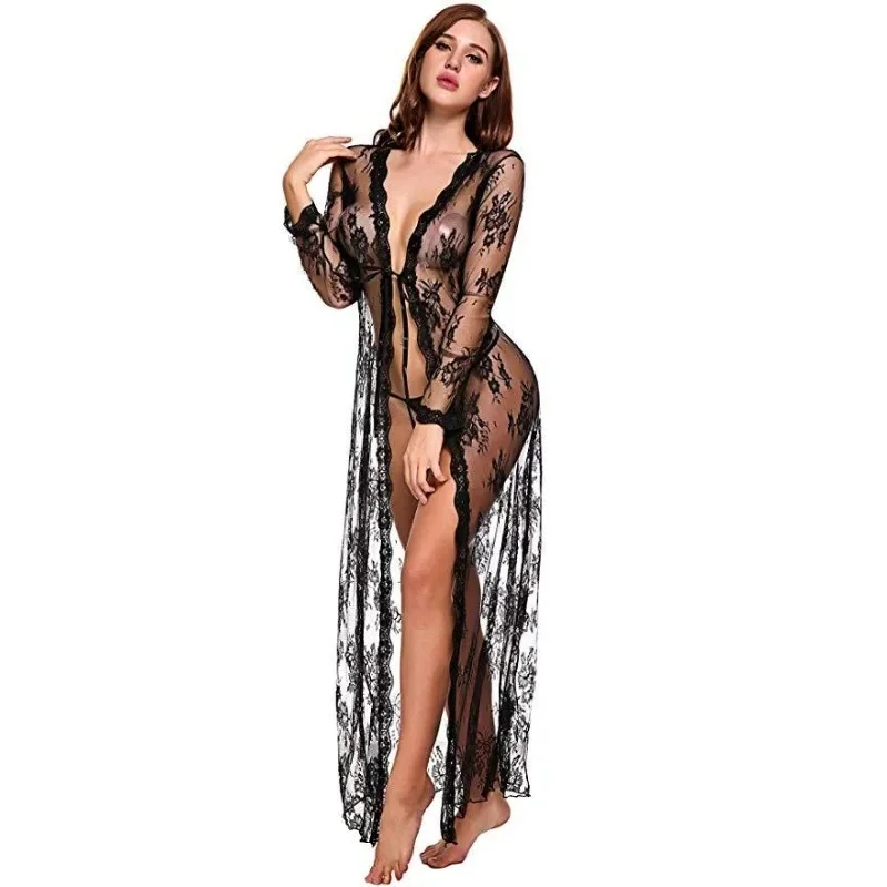 Nolia Mesh Transparent Sexy Robe Nightgown Women's See-Through Lace Printing Deep V-Neck Home Ultrathin Nightgow 5d4;