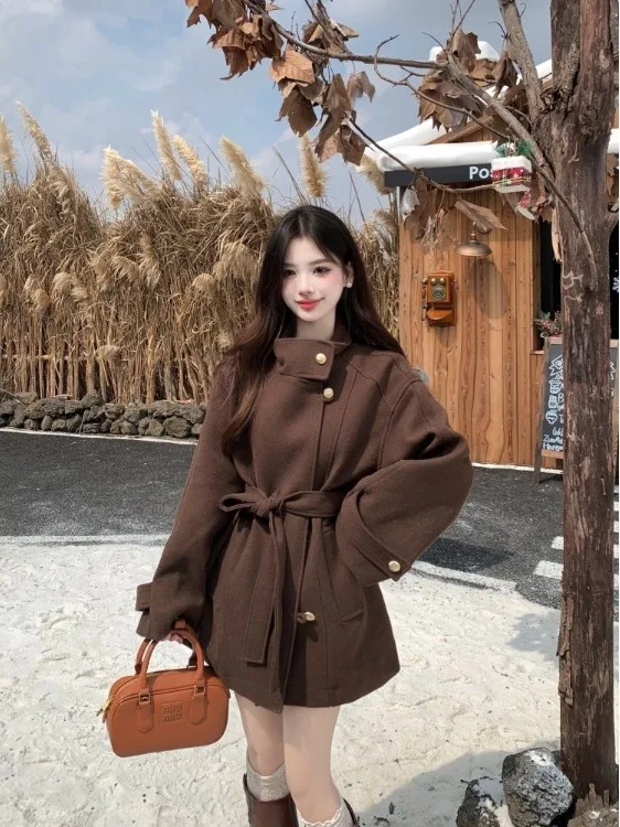 

plus Size Women's Woolen Coat Stand Collar Slimming Waist Vintage Style Autumn Winter Outerwear Korean Loose Fit Jacket