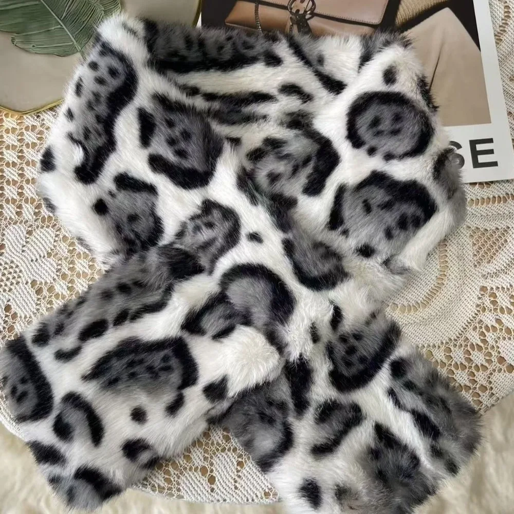 Vintage Thicken Faux Rabbit Fur Scarf Plush Material Windproof Leopard Print Neckerchief Warm Lightweight Neck Wrap Casual