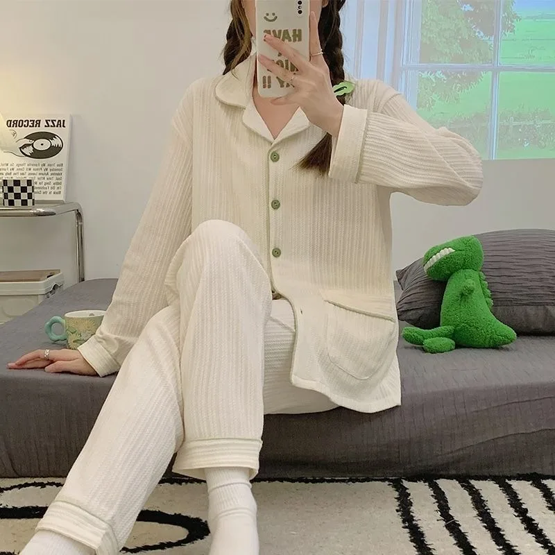 2024 New Pajama Women's Spring Autumn Pure Cotton Loungewear Long Sleeved Sleepwear Cardigan Sweet V-neck Loose Homewear Set