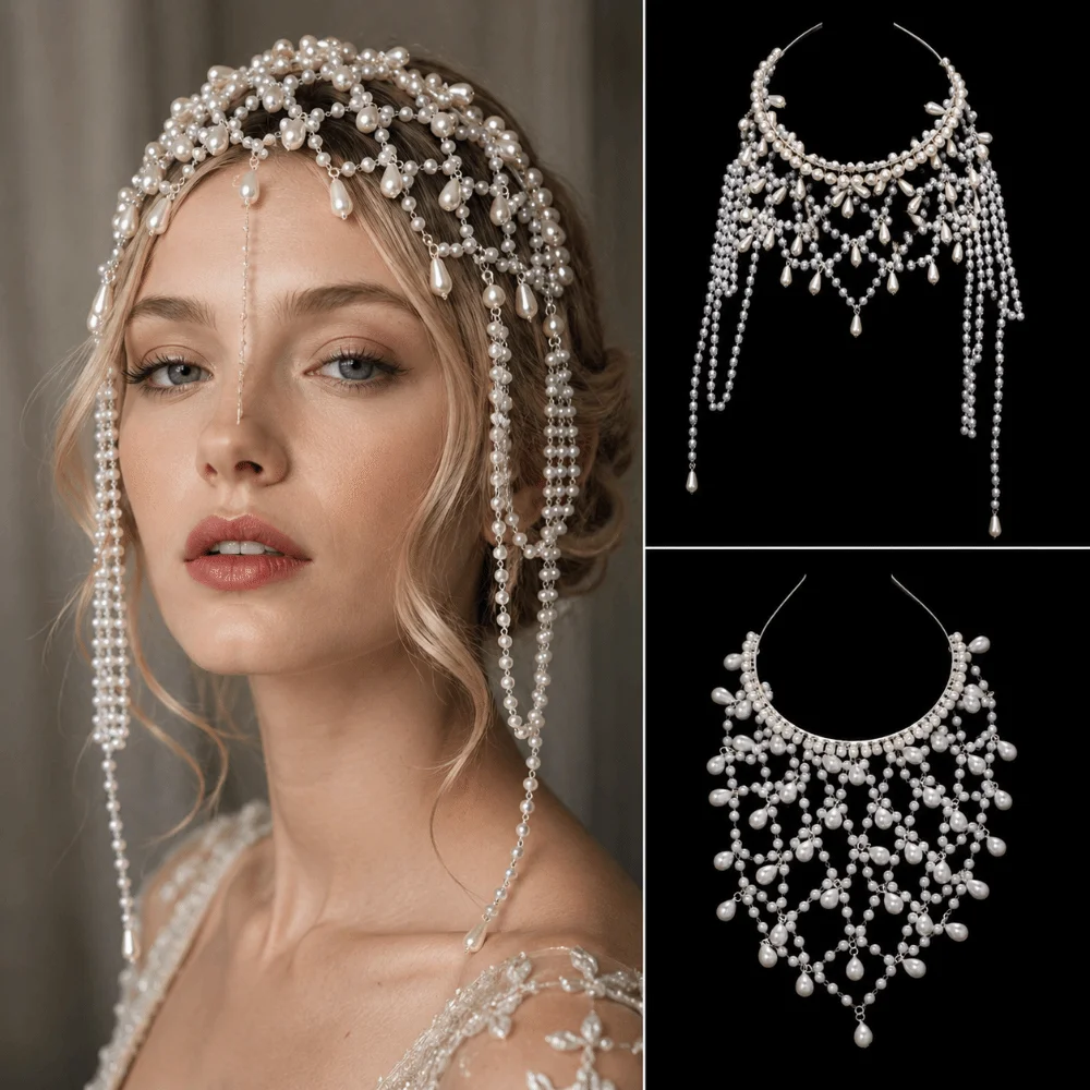 Handmade Imitation Pearls Bridal Head Chain Tassel Dangling Fringe Wedding Headpiece Waterdrop Beaded Multi-Layer