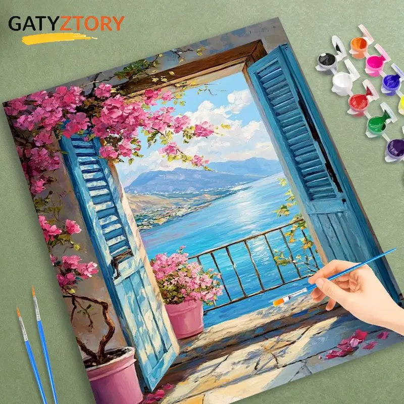 

GATYZTORY Paint By Numbers For Adult Windowsill DIY Oil Painting By Numbers On Canvas Landscape Frame Number Painting Decor ﻿