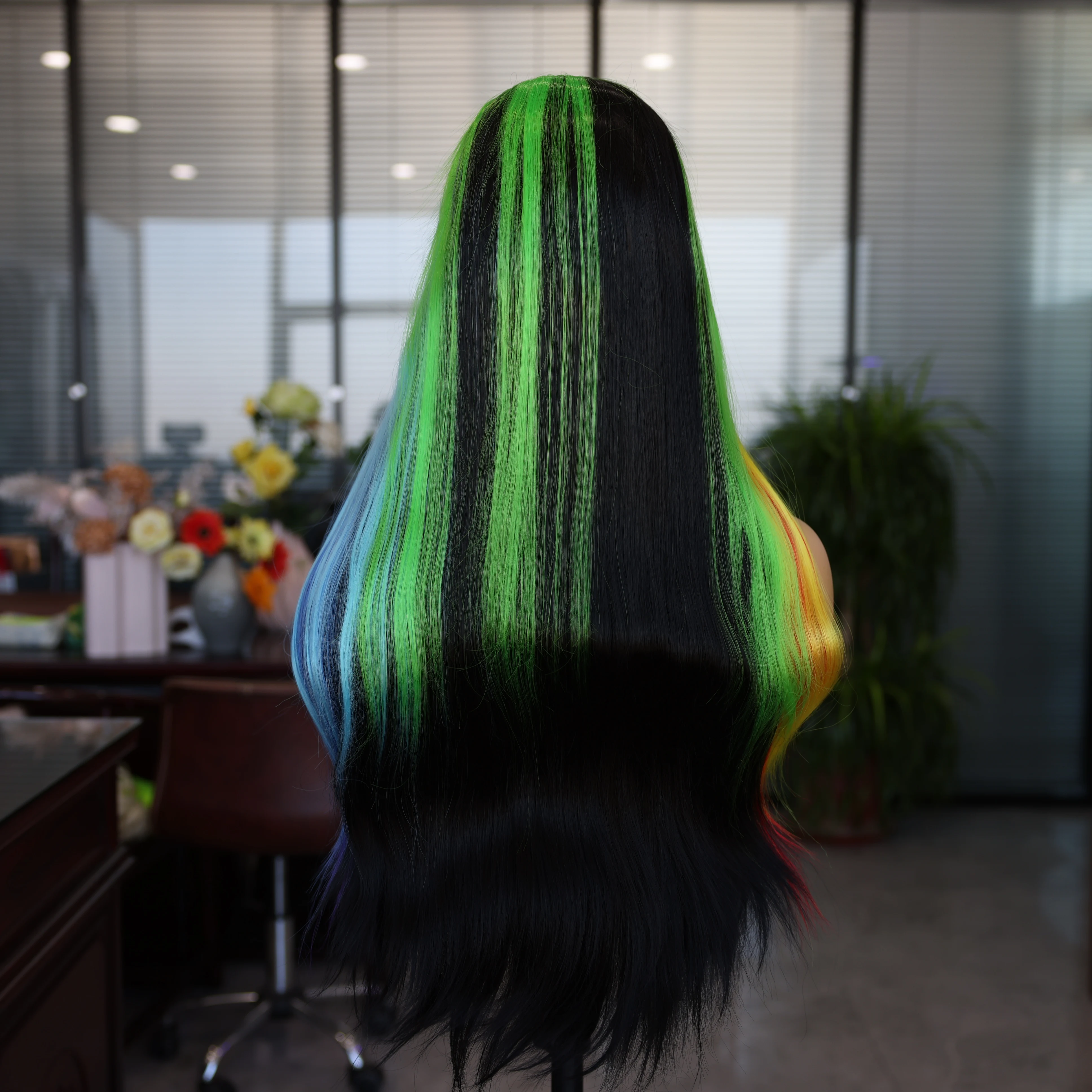 Rainbow Synthetic Wig Cosplay Travel Party Long Straight Mixed Color Women's Wig No Gel No Fade 180 Density Front Lace Net Cap