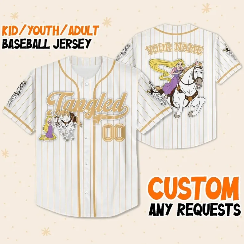 Rapunzel Princess Tangled Baseball Jersey Men Women Baseball Uniforms Custom Name Disney Cartoon Graphic Casual Baseball Jersey