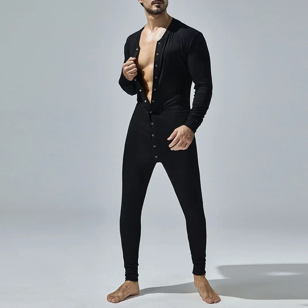 Macacão masculino macacão pijamas botão para baixo bodysuit manga longa bodycon pijamas único breasted roupas confortáveis M-XXL