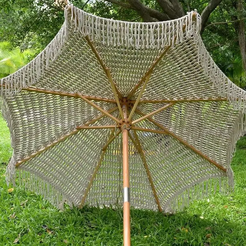 Foldable Macrame Woven Fringe Beach Umbrella Aluminum Frame Waterproof Modern Outdoor Parasol for Garden Patio Furniture