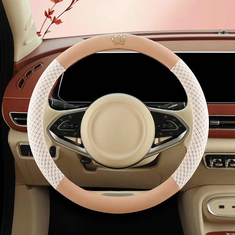 Capa de volante para todas as estações, capa de guiador de carro feminino, estilo de fragrância pequena, capa de guiador de camélia respirável antiderrapante de alta qualidade