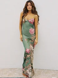 Floral Print Summer Green Dress Womens Fashion Casual Sleeveless V-neck Backless Tunics Bodycon Holiday Beach Dresses Streetwear