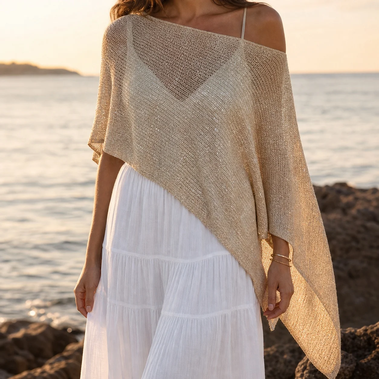Women's Casual Ultra Thin Asymmetrical Off Shoulder Sleeveless Loose Fit Short Length Wool Blend Knit Cover Up Poncho Cape Top